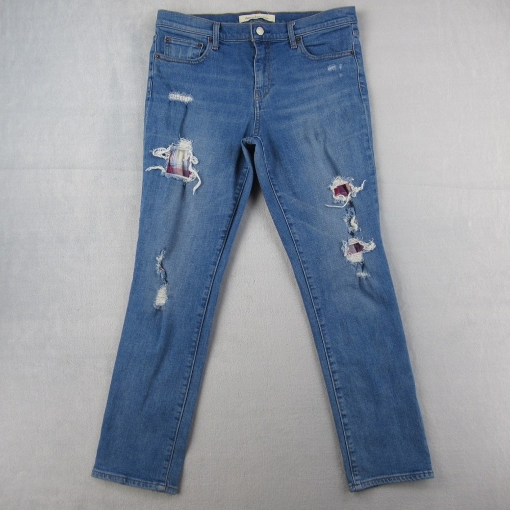 Gap 1969 Real Straight Jeans Womens 31R‎ Blue Distressed Plaid Patch Denim